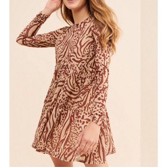 AFRM Dresses & Skirts - 🔥🔥5 for $25🔥🔥 AFRM brown tan animal print long sleeve babydoll mini dress